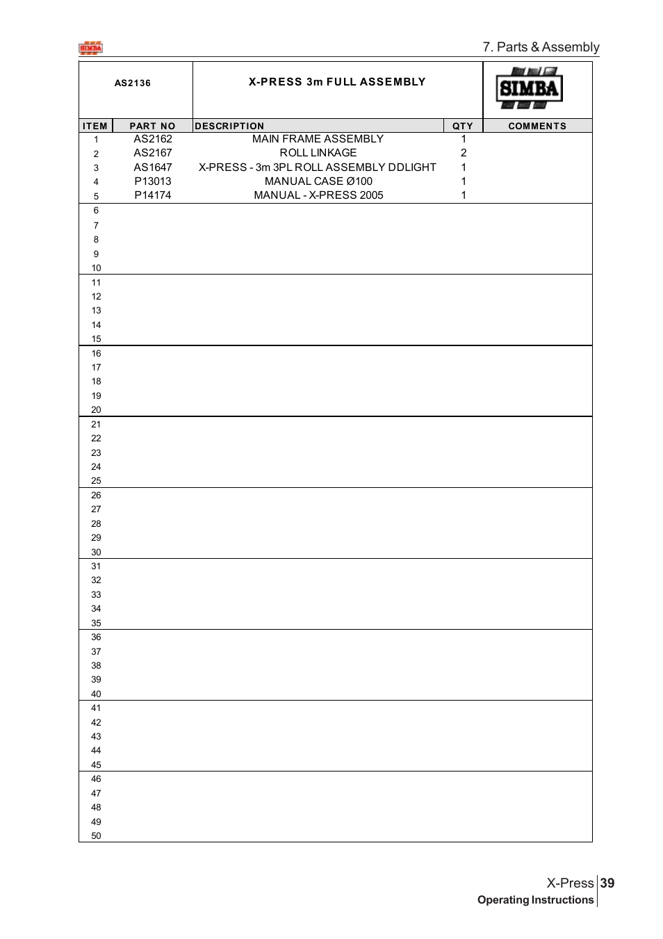 39 x-press, Parts & assembly | Great Plains X-PresS 2006 Assembly Instructions User Manual | Page 5 / 50