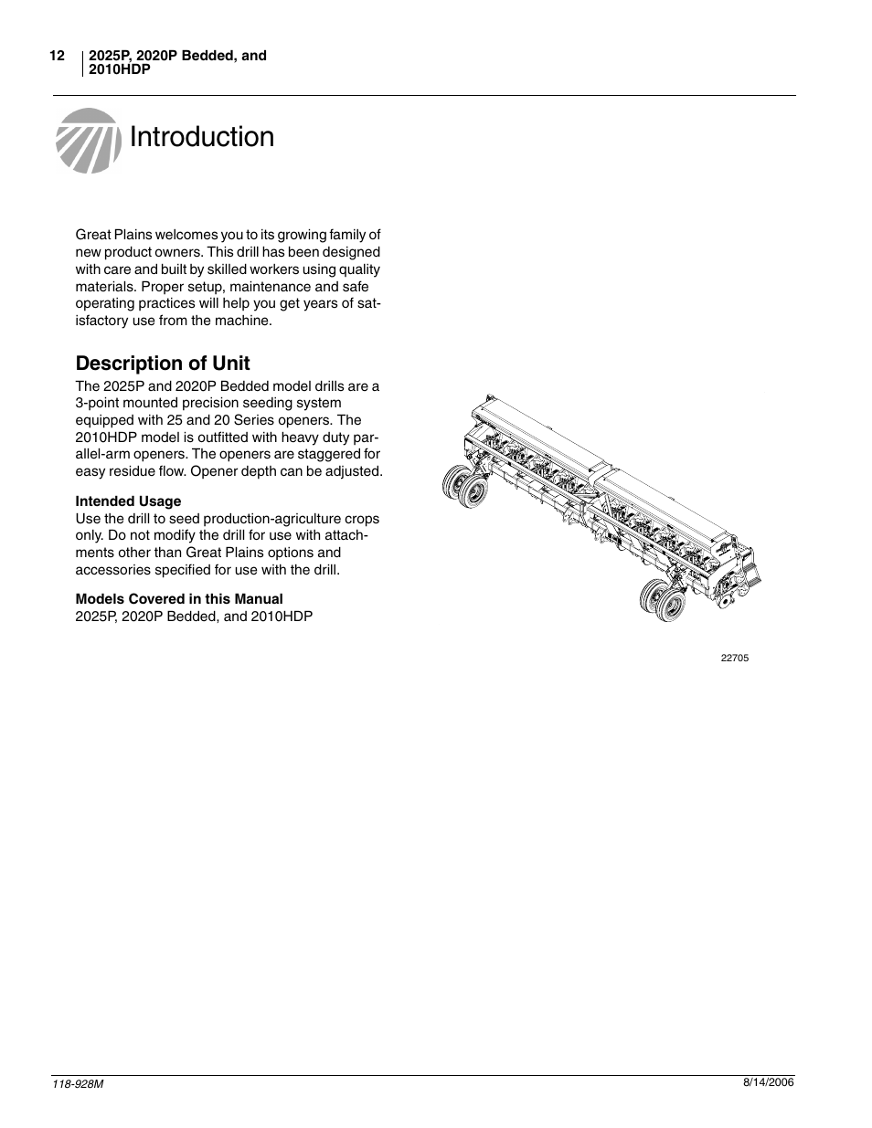 Introduction, Description of unit, Intended usage models covered in this manual | Great Plains 2025P Operator Manual User Manual | Page 14 / 166
