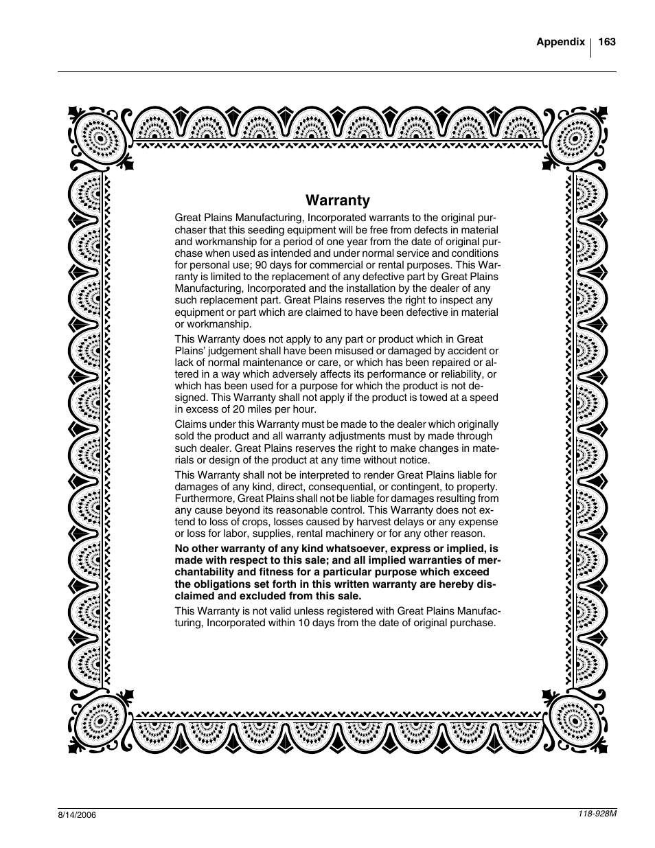Warranty | Great Plains 2025P Operator Manual User Manual | Page 165 / 166