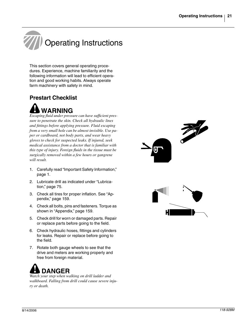 Operating instructions, Prestart checklist, Warning | Danger | Great Plains 2025P Operator Manual User Manual | Page 23 / 166