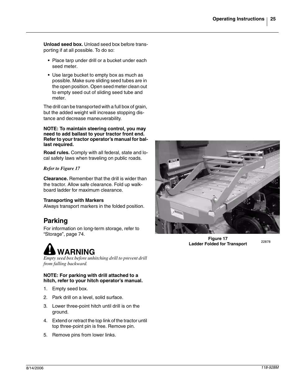 Parking, Warning | Great Plains 2025P Operator Manual User Manual | Page 27 / 166