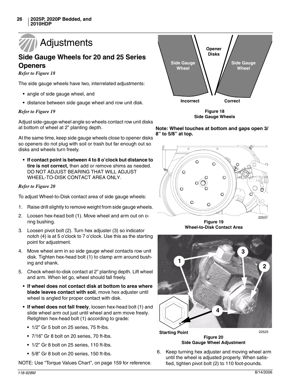 Adjustments, Side gauge wheels, Side gauge wheels for 20 and 25 series openers | Great Plains 2025P Operator Manual User Manual | Page 28 / 166