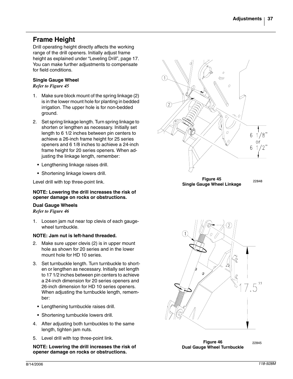 Frame height, Single gauge wheel, Dual gauge wheels | Great Plains 2025P Operator Manual User Manual | Page 39 / 166