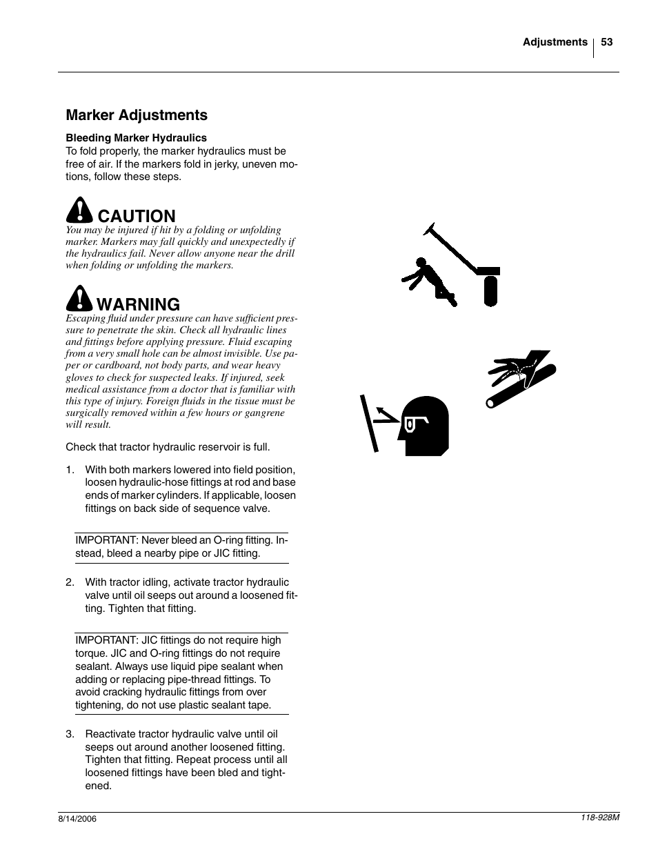 Marker adjustments, Bleeding marker hydraulics, Caution | Warning | Great Plains 2025P Operator Manual User Manual | Page 55 / 166