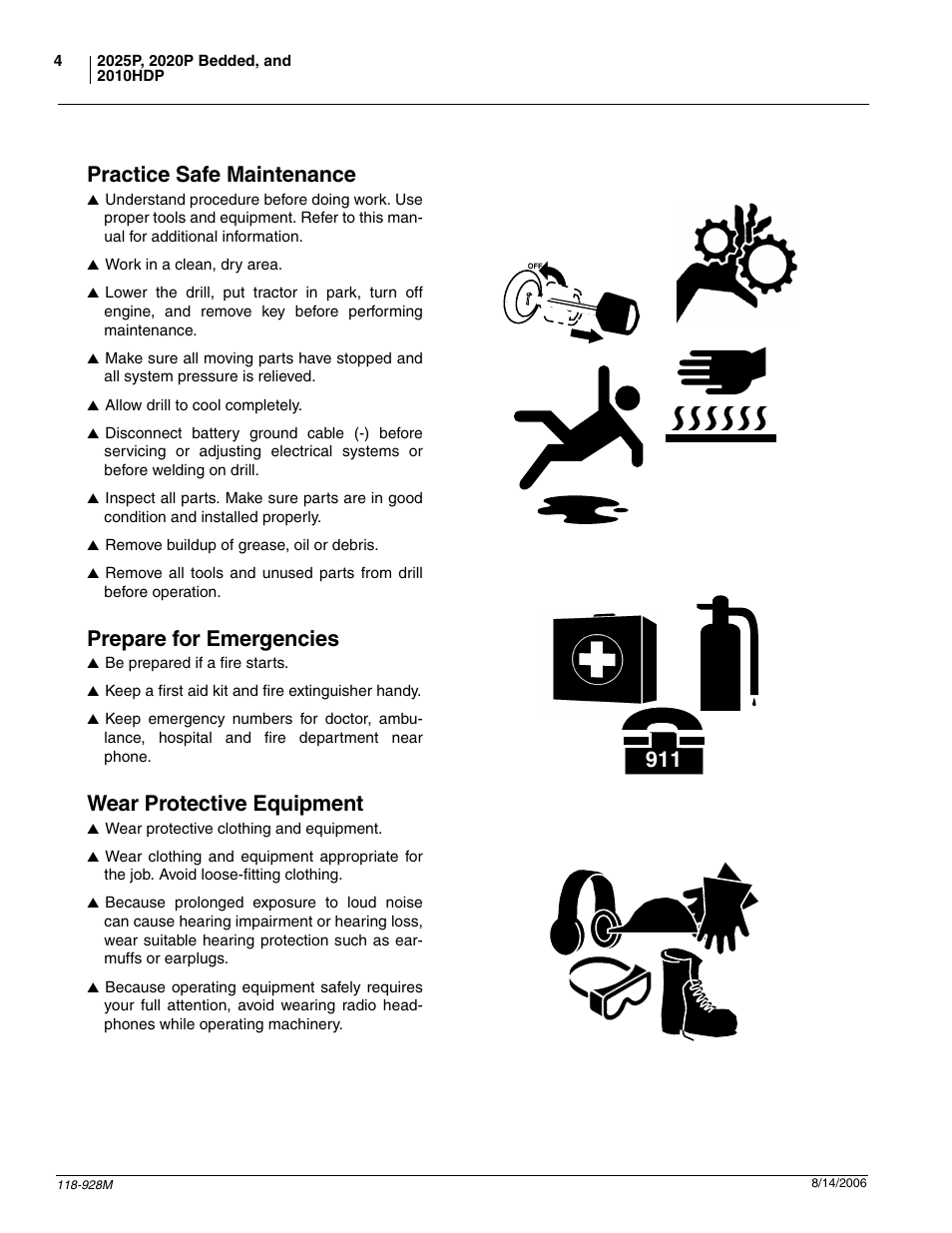 Practice safe maintenance, Prepare for emergencies, Wear protective equipment | Great Plains 2025P Operator Manual User Manual | Page 6 / 166