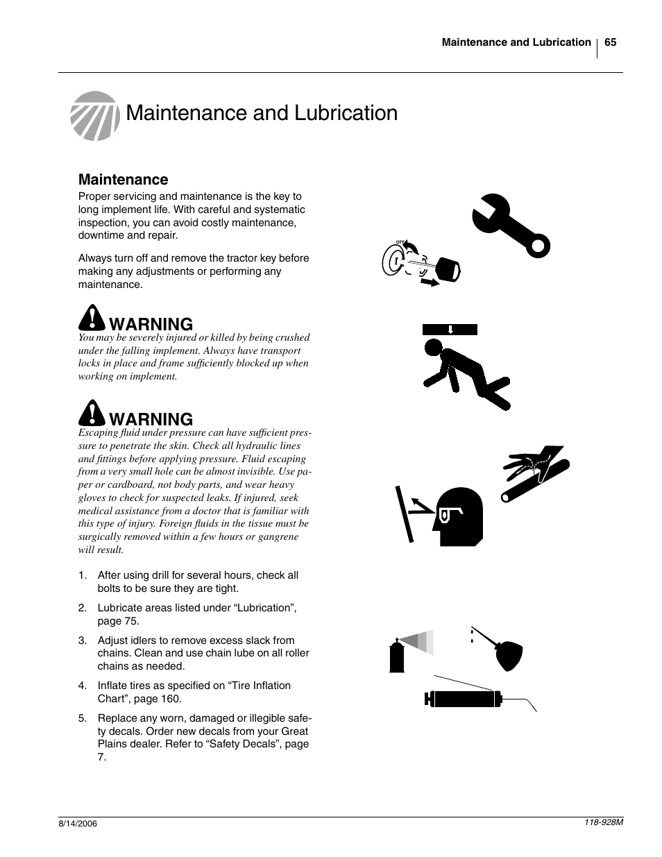 Maintenance and lubrication, Maintenance, Warning | Great Plains 2025P Operator Manual User Manual | Page 67 / 166