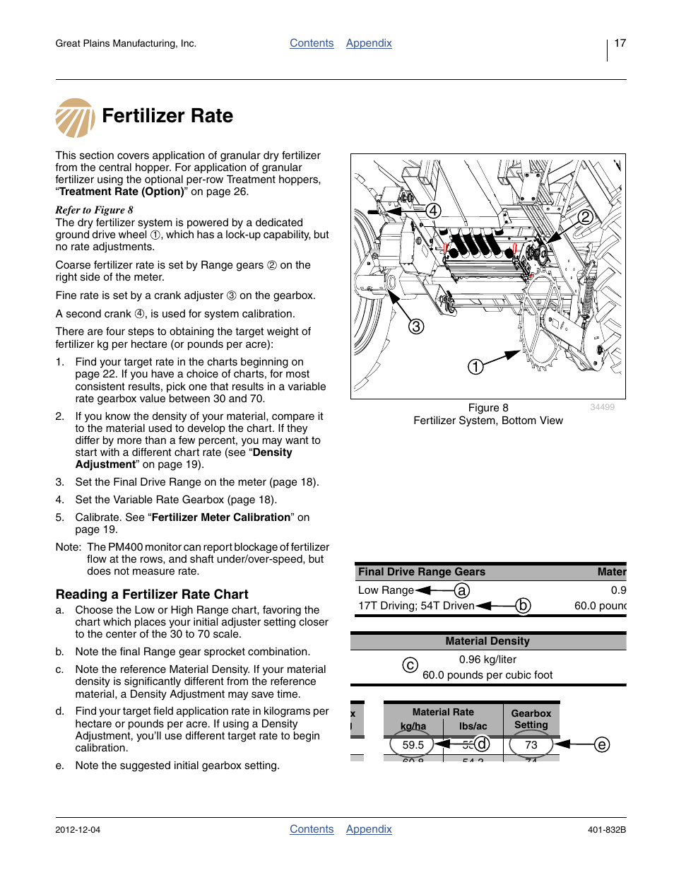 Fertilizer rate, Reading a fertilizer rate chart | Great Plains YP1630F-1670 Material Rate User Manual | Page 19 / 42