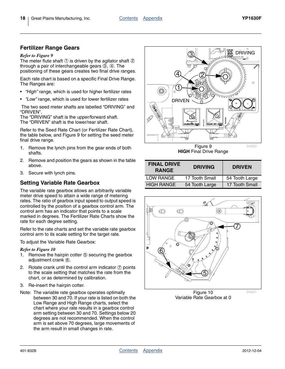 Fertilizer range gears, Setting variable rate gearbox | Great Plains YP1630F-1670 Material Rate User Manual | Page 20 / 42