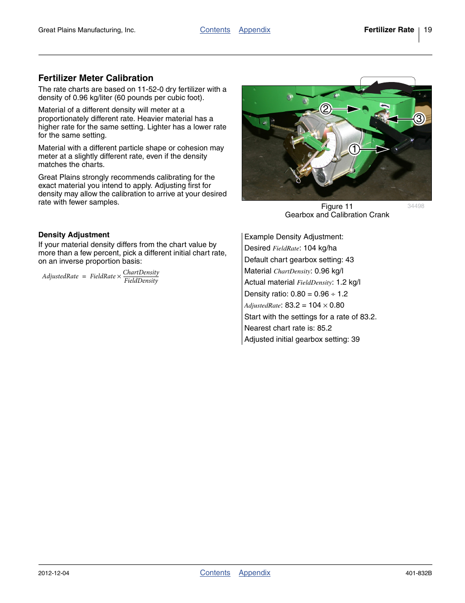 Fertilizer meter calibration, Density adjustment | Great Plains YP1630F-1670 Material Rate User Manual | Page 21 / 42