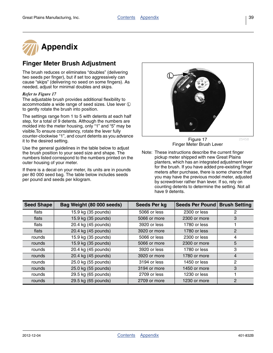 Appendix, Finger meter brush adjustment, Appendix finger meter brush adjustment | Great Plains YP1630F-1670 Material Rate User Manual | Page 41 / 42