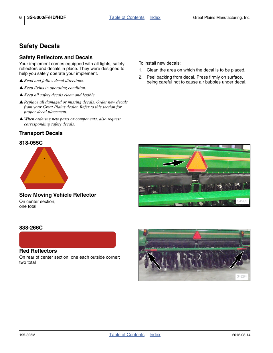 Safety decals, Safety reflectors and decals, Transport decals | 055c slow moving vehicle reflector, 266c red reflectors | Great Plains 3S-5000HDF Operator Manual User Manual | Page 10 / 94