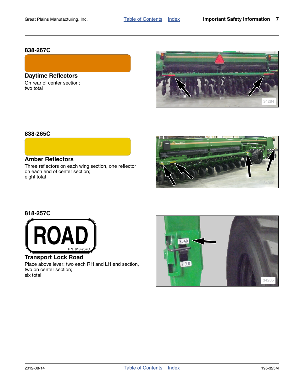 267c daytime reflectors, 265c amber reflectors, 257c transport lock road | Road | Great Plains 3S-5000HDF Operator Manual User Manual | Page 11 / 94