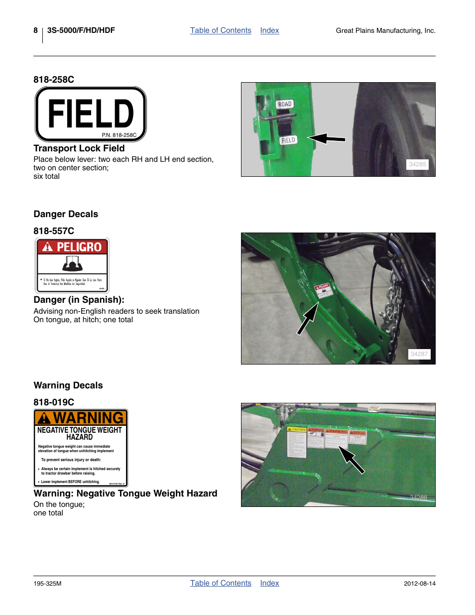 258c transport lock field, Danger decals, 557c danger (in spanish) | Warning decals, 019c warning: negative tongue weight hazard, Field, Warning | Great Plains 3S-5000HDF Operator Manual User Manual | Page 12 / 94