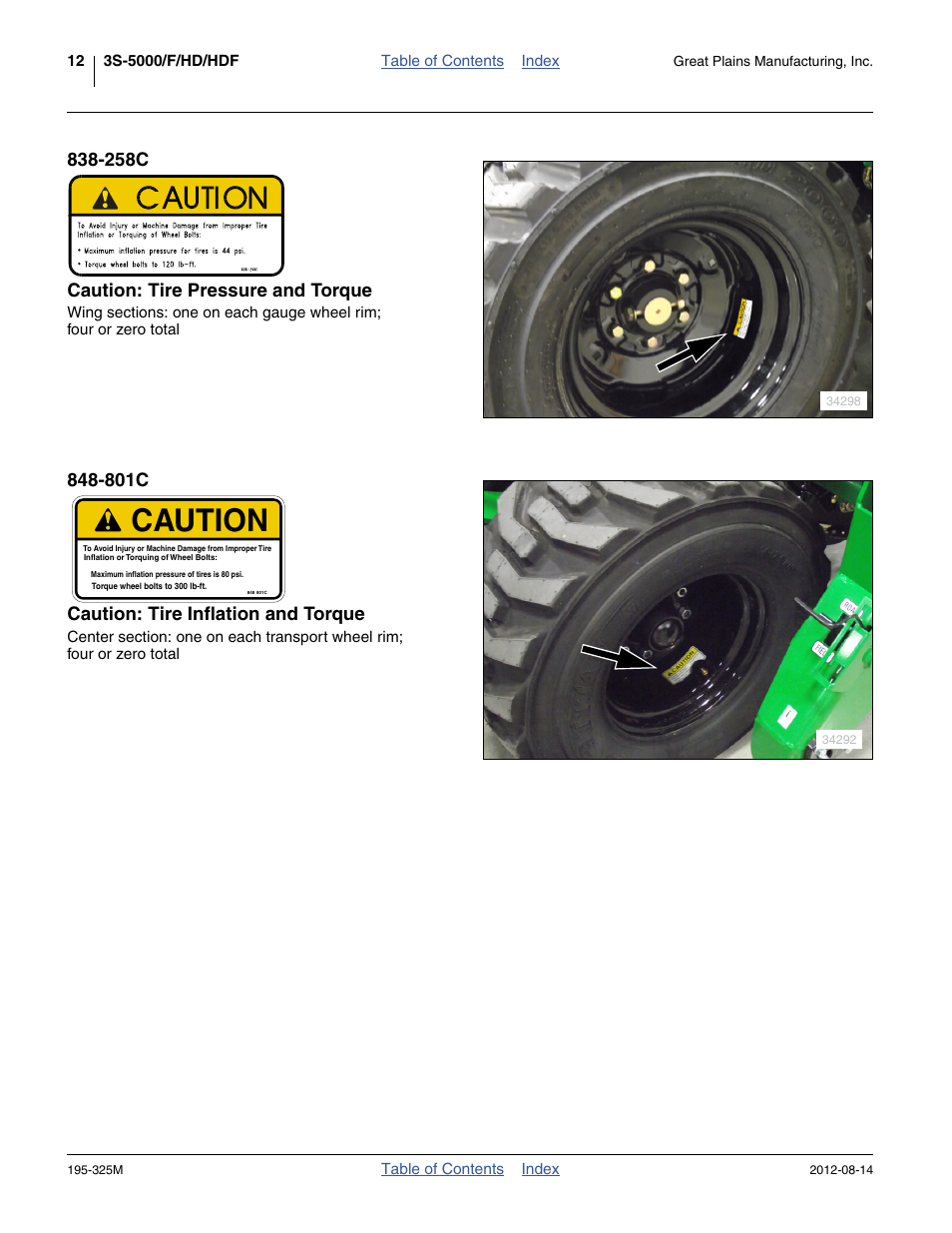 258c caution: tire pressure and torque, 801c caution: tire inflation and torque, Caution | Great Plains 3S-5000HDF Operator Manual User Manual | Page 16 / 94