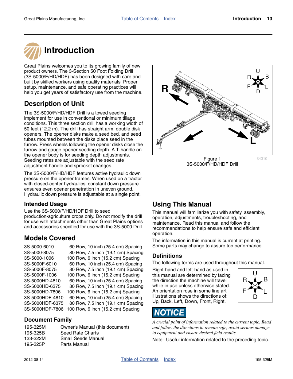 Introduction, Description of unit, Intended usage | Models covered, Document family, Using this manual, Definitions, Introduction description of unit | Great Plains 3S-5000HDF Operator Manual User Manual | Page 17 / 94