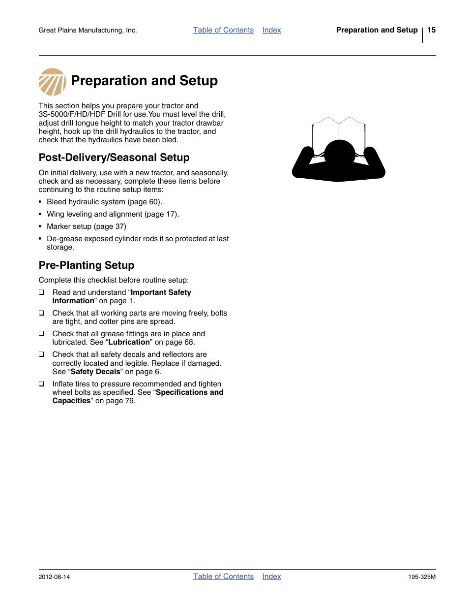 Preparation and setup, Post-delivery/seasonal setup, Pre-planting setup | Great Plains 3S-5000HDF Operator Manual User Manual | Page 19 / 94