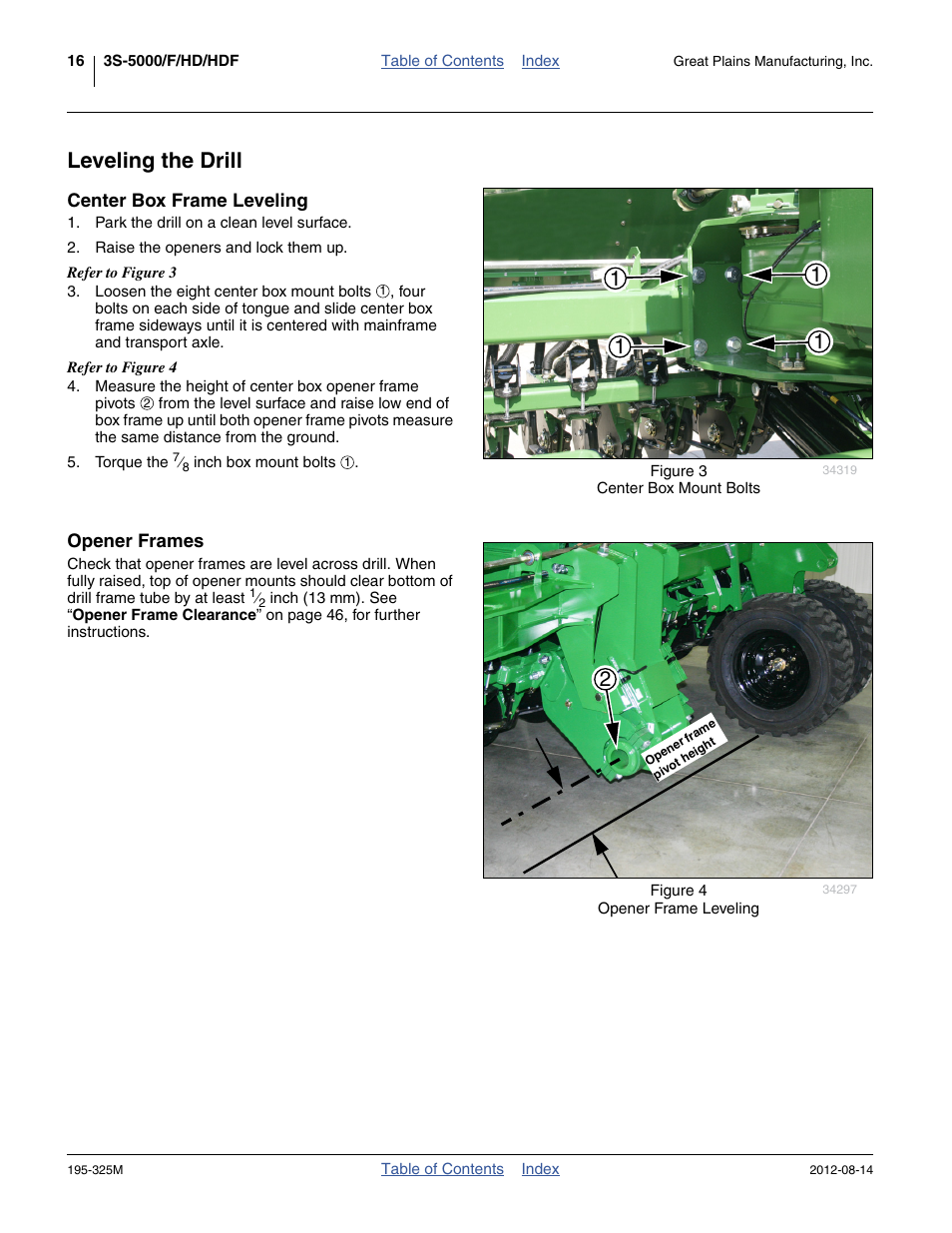 Leveling the drill, Center box frame leveling, Opener frames | Center box frame leveling opener frames | Great Plains 3S-5000HDF Operator Manual User Manual | Page 20 / 94