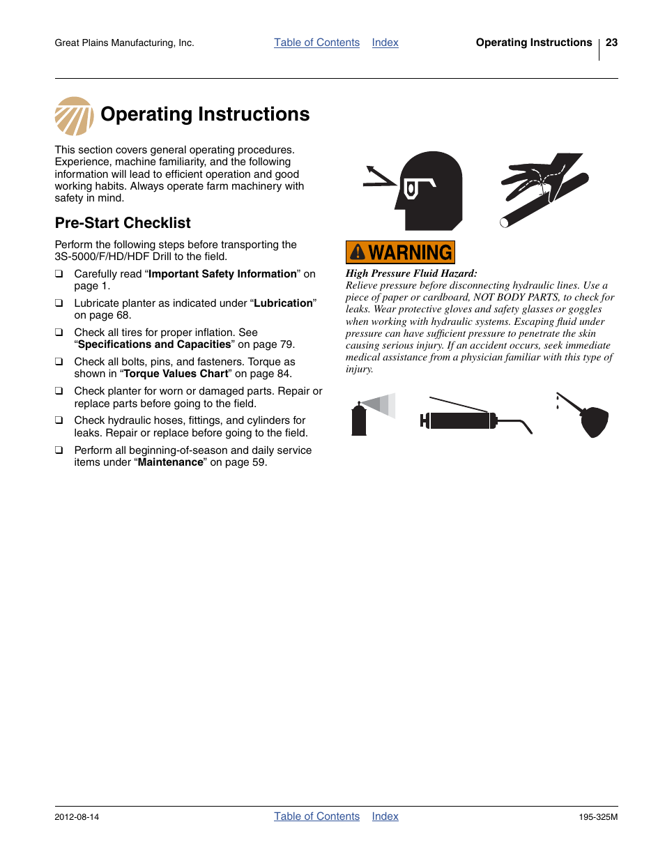 Operating instructions, Pre-start checklist, Operating instructions pre-start checklist | Great Plains 3S-5000HDF Operator Manual User Manual | Page 27 / 94