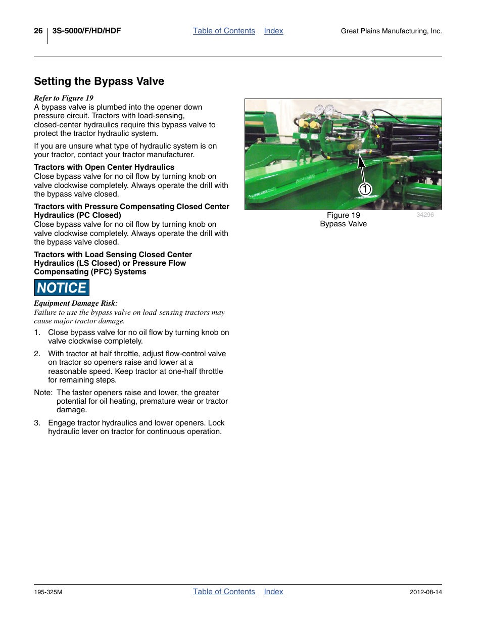 Setting the bypass valve, Tractors with open center hydraulics | Great Plains 3S-5000HDF Operator Manual User Manual | Page 30 / 94