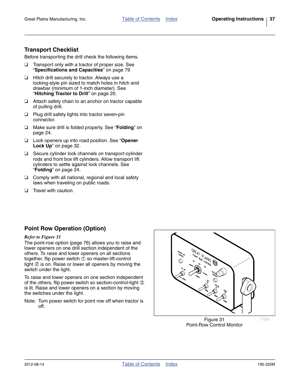 Transport checklist, Point row operation (option), Transport checklist point row operation (option) | Great Plains 3S-5000HDF Operator Manual User Manual | Page 41 / 94