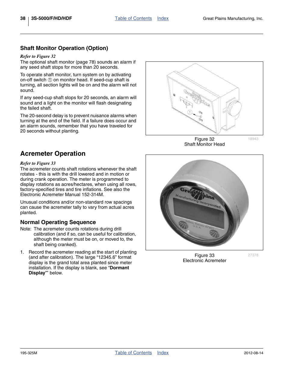 Shaft monitor operation (option), Acremeter operation, Normal operating sequence | Great Plains 3S-5000HDF Operator Manual User Manual | Page 42 / 94