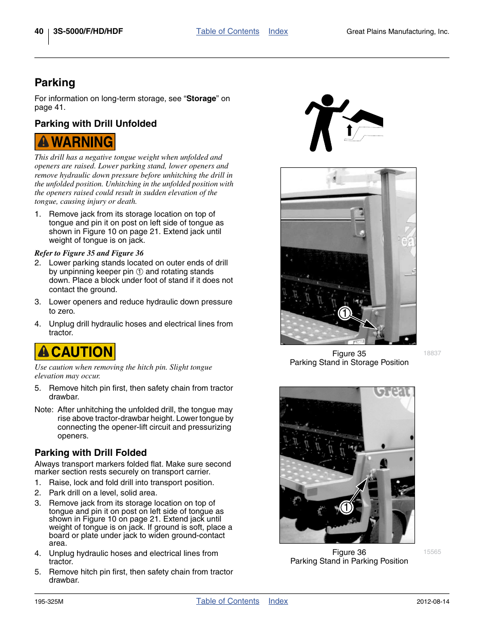 Parking, Parking with drill unfolded, Parking with drill folded | Great Plains 3S-5000HDF Operator Manual User Manual | Page 44 / 94