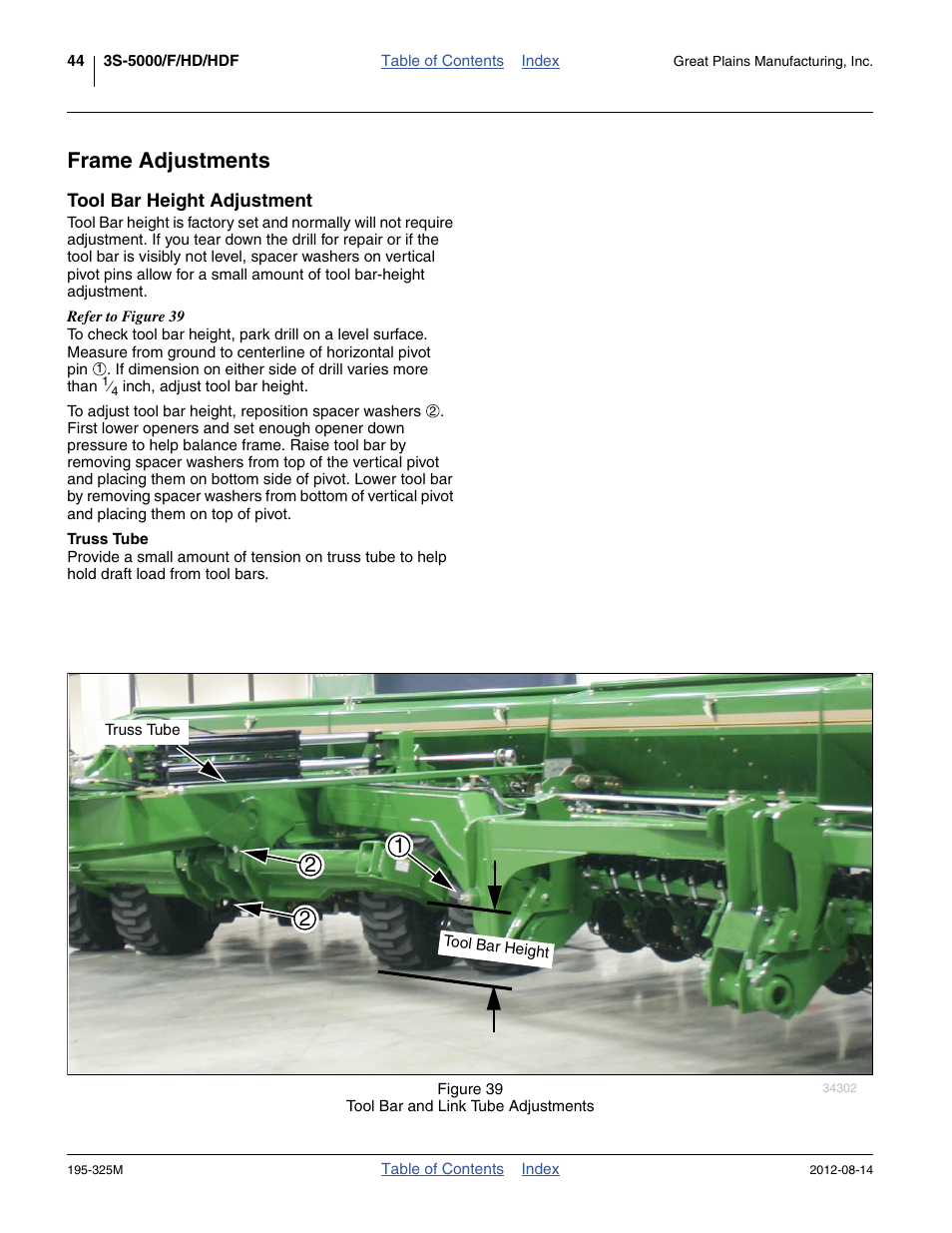 Frame adjustments, Tool bar height adjustment, Truss tube | Great Plains 3S-5000HDF Operator Manual User Manual | Page 48 / 94