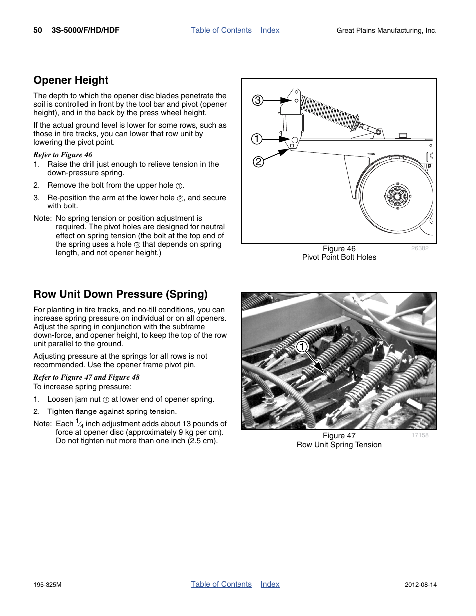 Opener height, Row unit down pressure (spring), Opener height row unit down pressure (spring) | Opener height, and | Great Plains 3S-5000HDF Operator Manual User Manual | Page 54 / 94