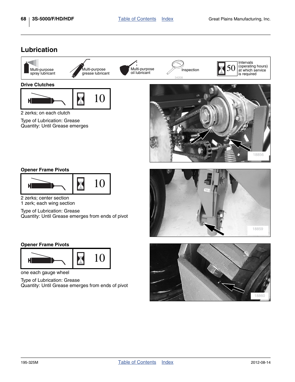 Lubrication, Drive clutches, Opener frame pivots | Icate planter as indicated under “ lubrication | Great Plains 3S-5000HDF Operator Manual User Manual | Page 72 / 94