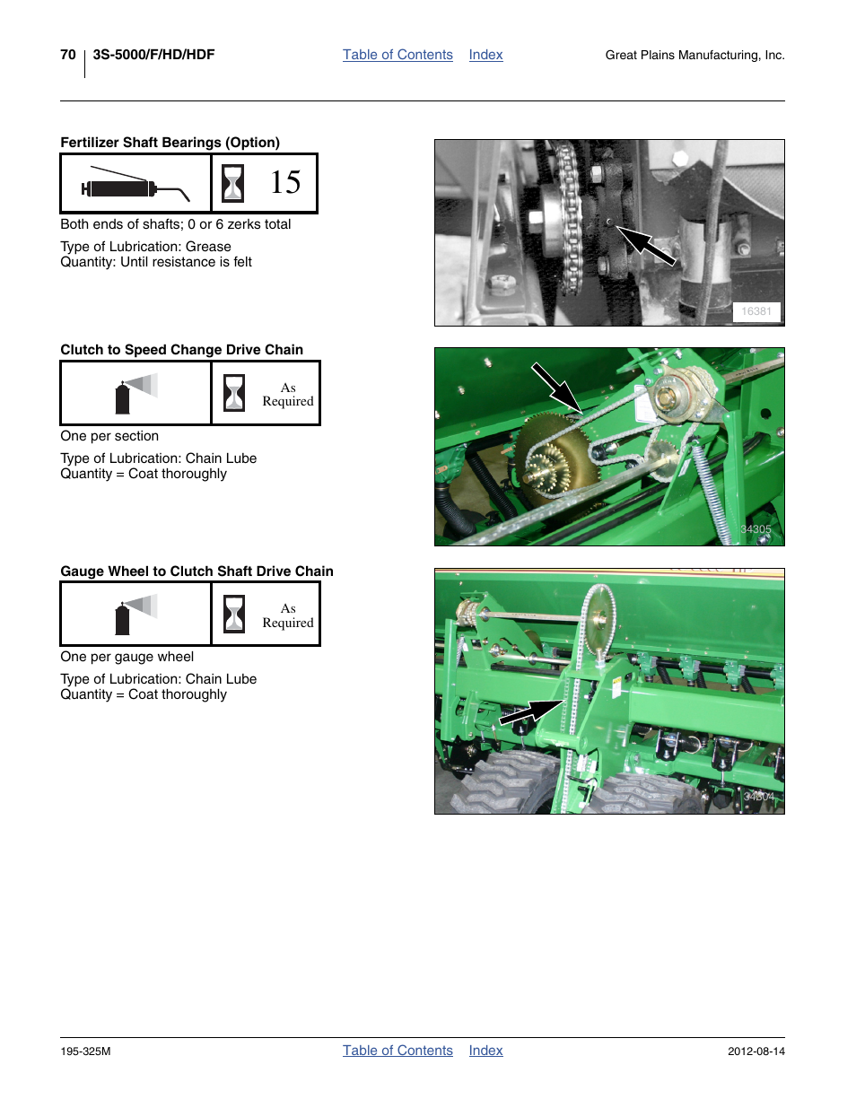 Fertilizer shaft bearings (option), Clutch to speed change drive chain, One per section | Gauge wheel to clutch shaft drive chain | Great Plains 3S-5000HDF Operator Manual User Manual | Page 74 / 94