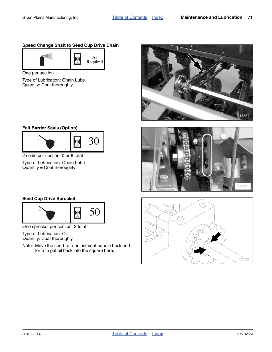 Speed change shaft to seed cup drive chain, Felt barrier seals (option), Seed cup drive sprocket | Great Plains 3S-5000HDF Operator Manual User Manual | Page 75 / 94