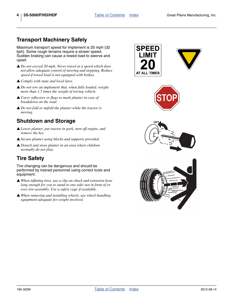 Transport machinery safely, Shutdown and storage, Tire safety | Great Plains 3S-5000HDF Operator Manual User Manual | Page 8 / 94