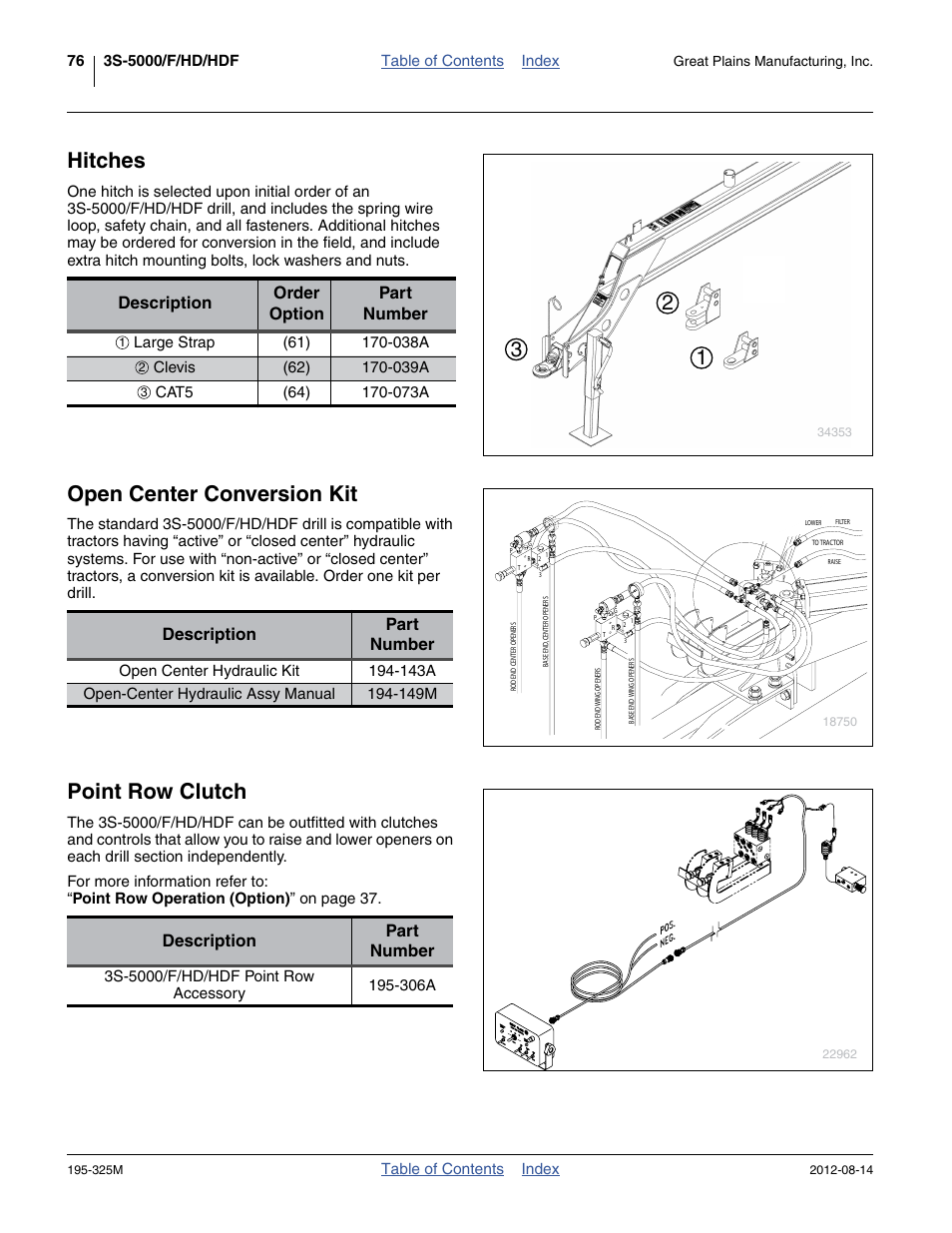 Hitches, Open center conversion kit, Point row clutch | Description order option part number, Description part number | Great Plains 3S-5000HDF Operator Manual User Manual | Page 80 / 94