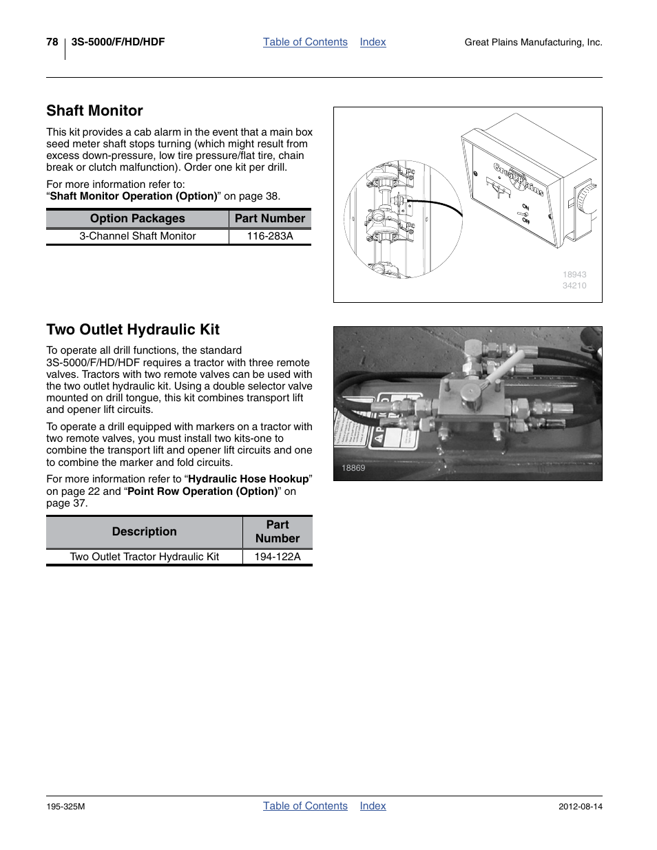 Shaft monitor, Two outlet hydraulic kit | Great Plains 3S-5000HDF Operator Manual User Manual | Page 82 / 94