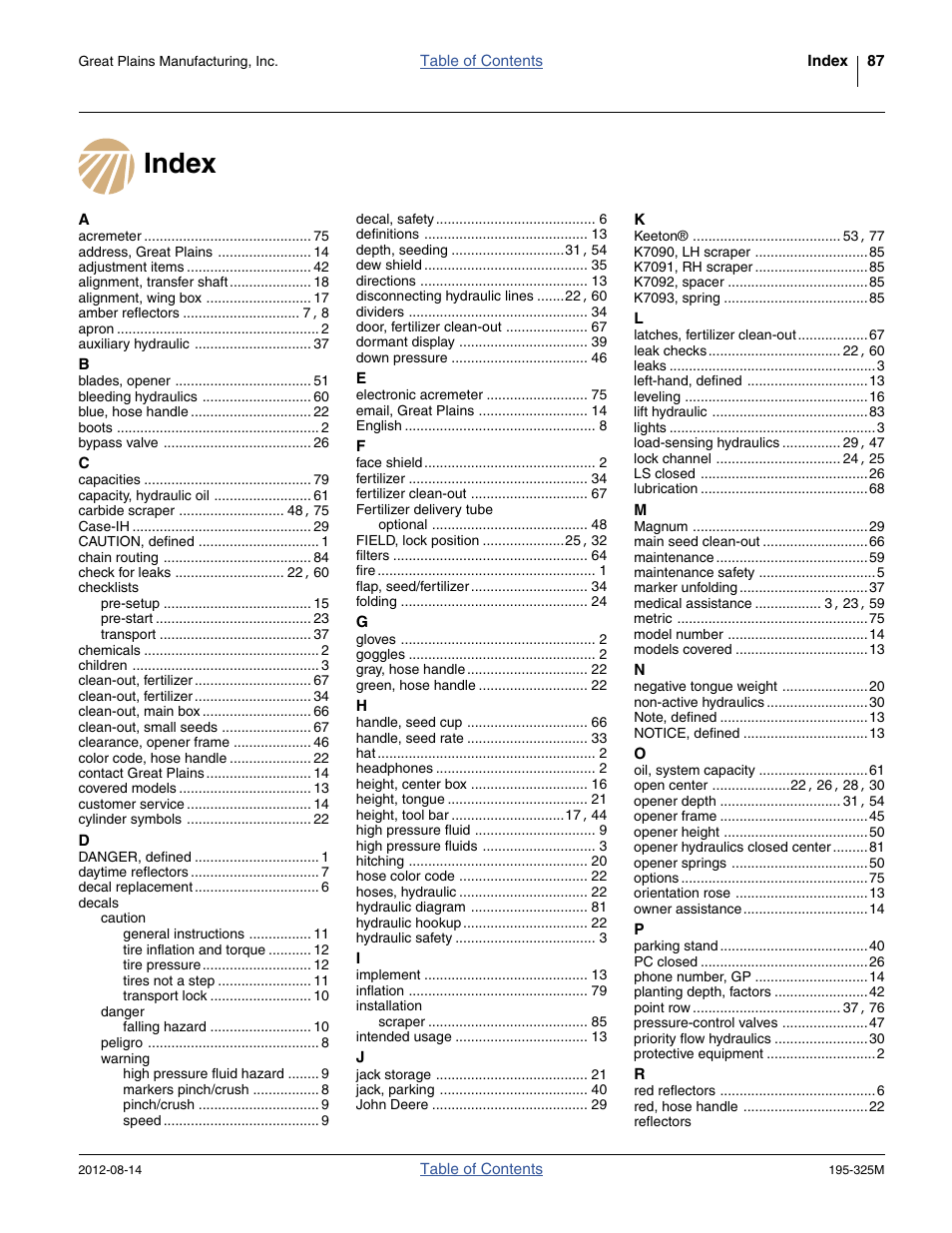 Index | Great Plains 3S-5000HDF Operator Manual User Manual | Page 91 / 94