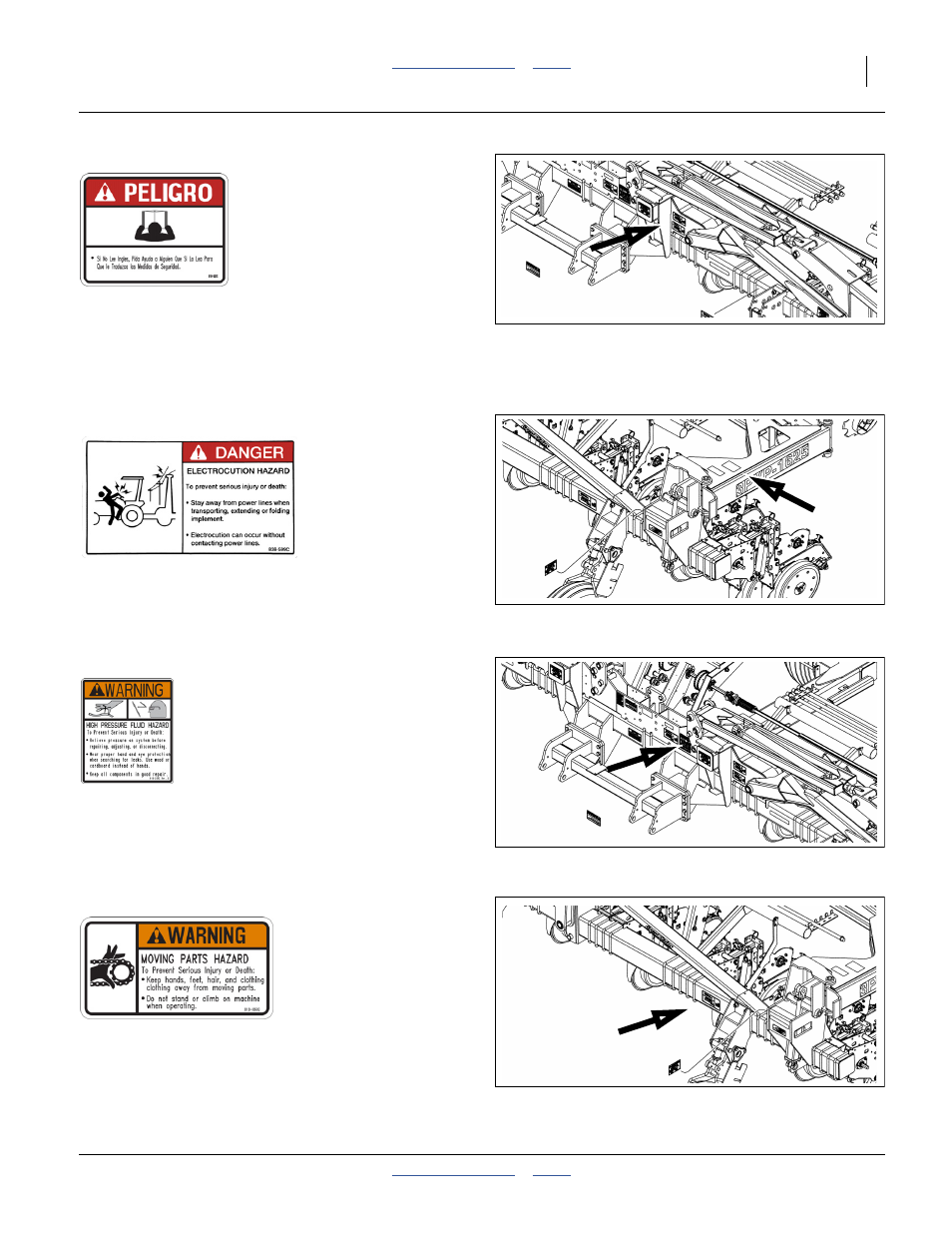 557c danger (in spanish), 599c warning: electrocution hazard, 339c warning: high pressure fluid hazard | 860c warning: moving parts | Great Plains 3PYP Operator Manual User Manual | Page 11 / 188