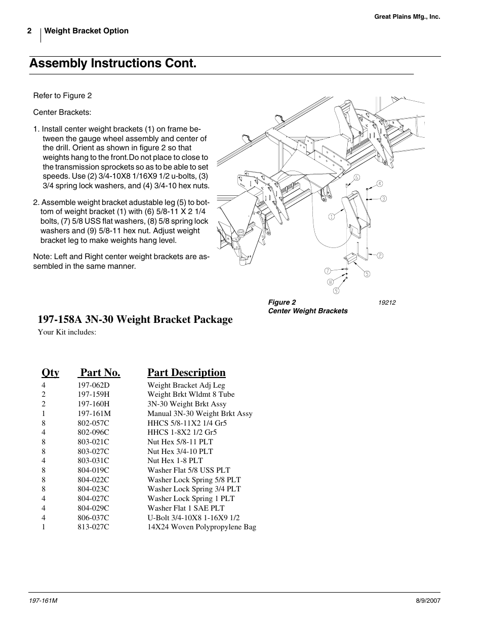 Assembly instructions cont, Qty part no. part description | Great Plains 3N-3020P Assembly Instructions User Manual | Page 2 / 2