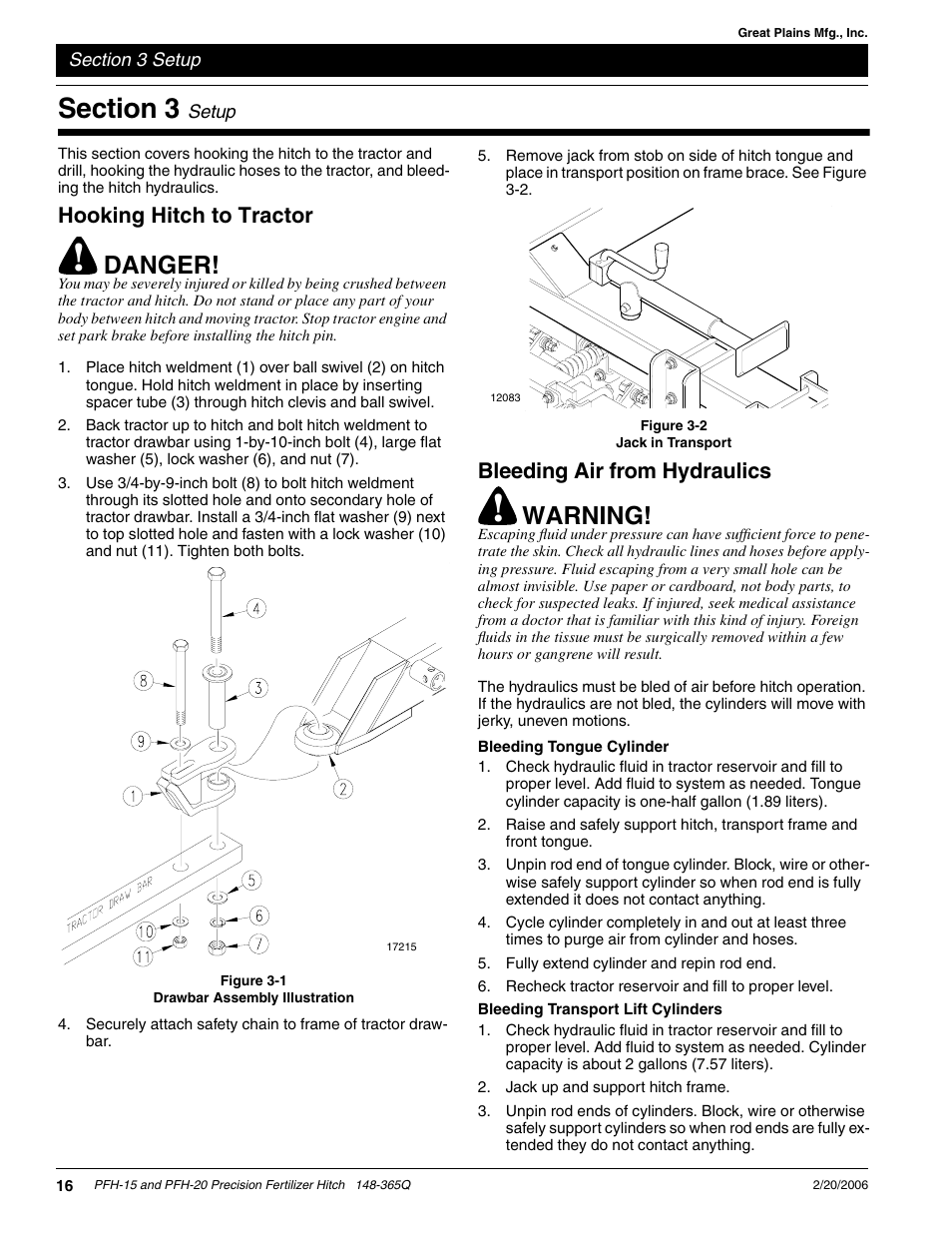 Danger, Warning, Hooking hitch to tractor | Bleeding air from hydraulics | Great Plains PH-20 Predelivery Manual User Manual | Page 18 / 23