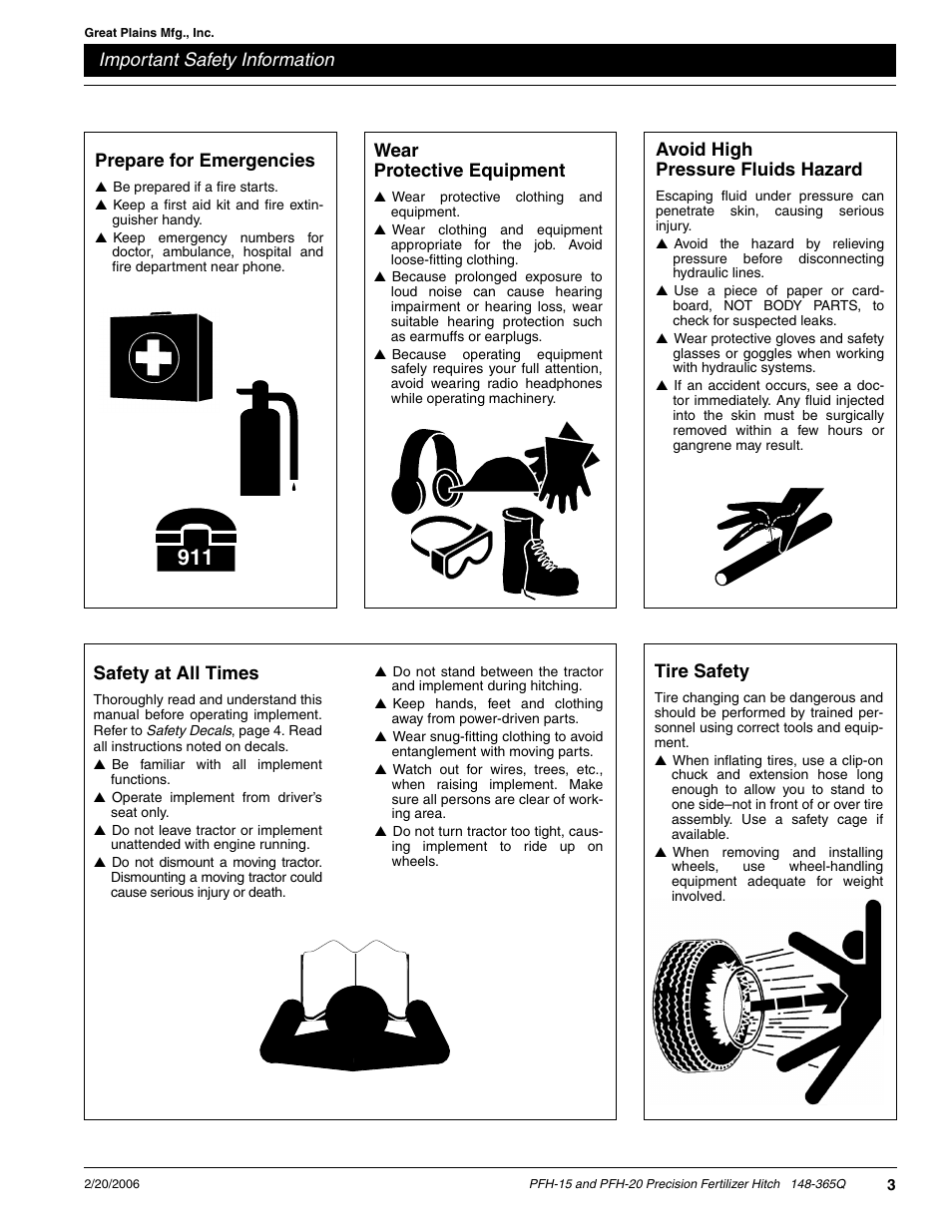 Important safety information, Prepare for emergencies, Tire safety | Wear protective equipment, Avoid high pressure fluids hazard, Safety at all times | Great Plains PH-20 Predelivery Manual User Manual | Page 5 / 23