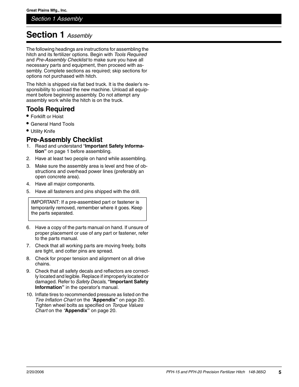 Tools required, Pre-assembly checklist | Great Plains PH-20 Predelivery Manual User Manual | Page 7 / 23