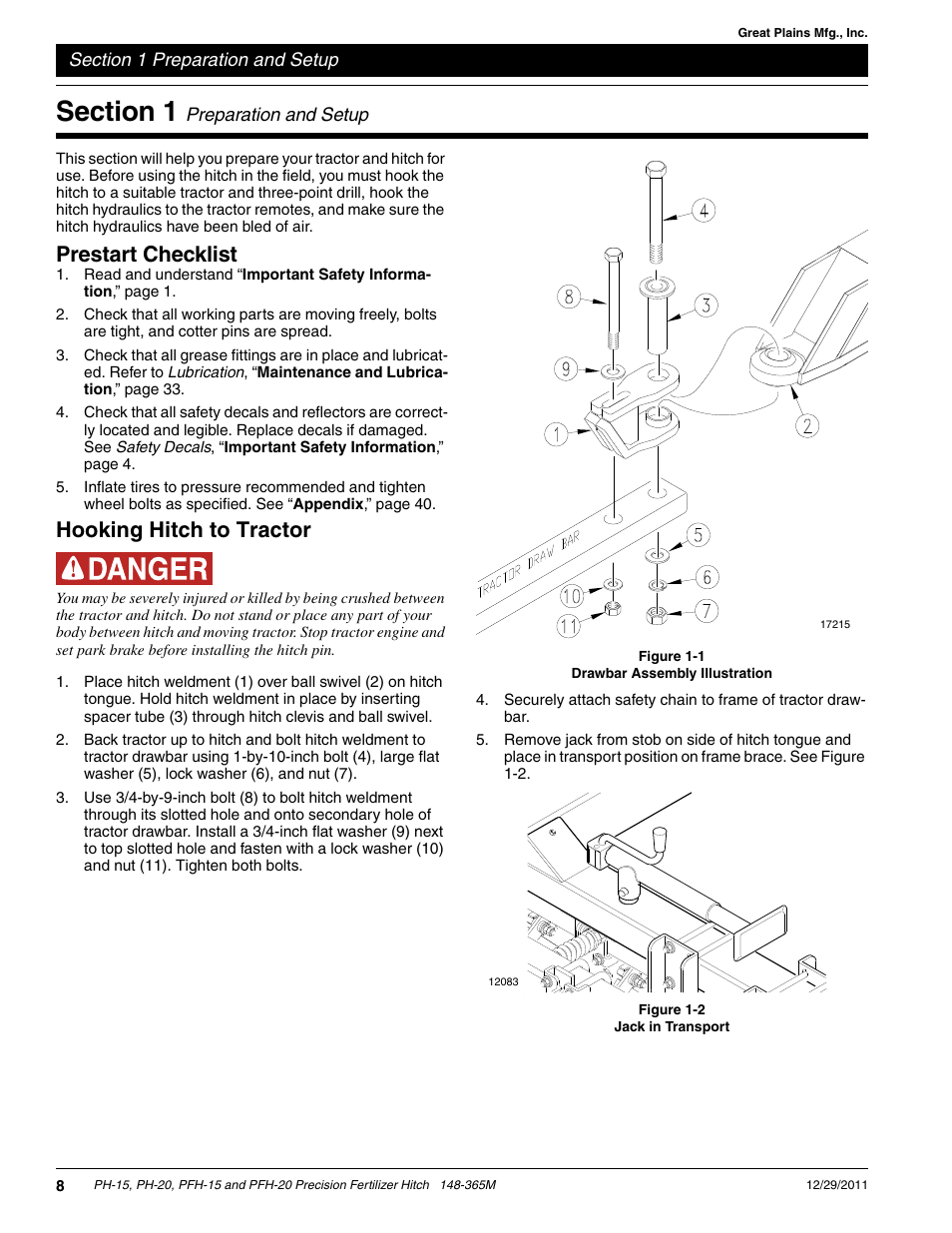 Prestart checklist, Hooking hitch to tractor | Great Plains PH-20 Operator Manual User Manual | Page 10 / 46