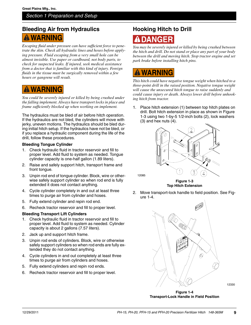 Bleeding air from hydraulics, Hooking hitch to drill | Great Plains PH-20 Operator Manual User Manual | Page 11 / 46