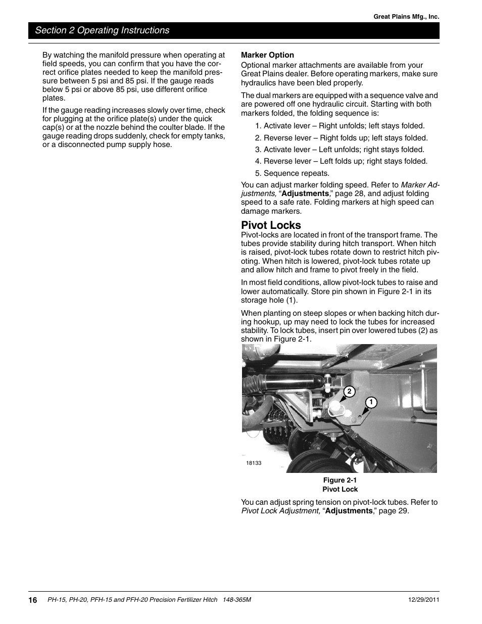 Pivot locks | Great Plains PH-20 Operator Manual User Manual | Page 18 / 46