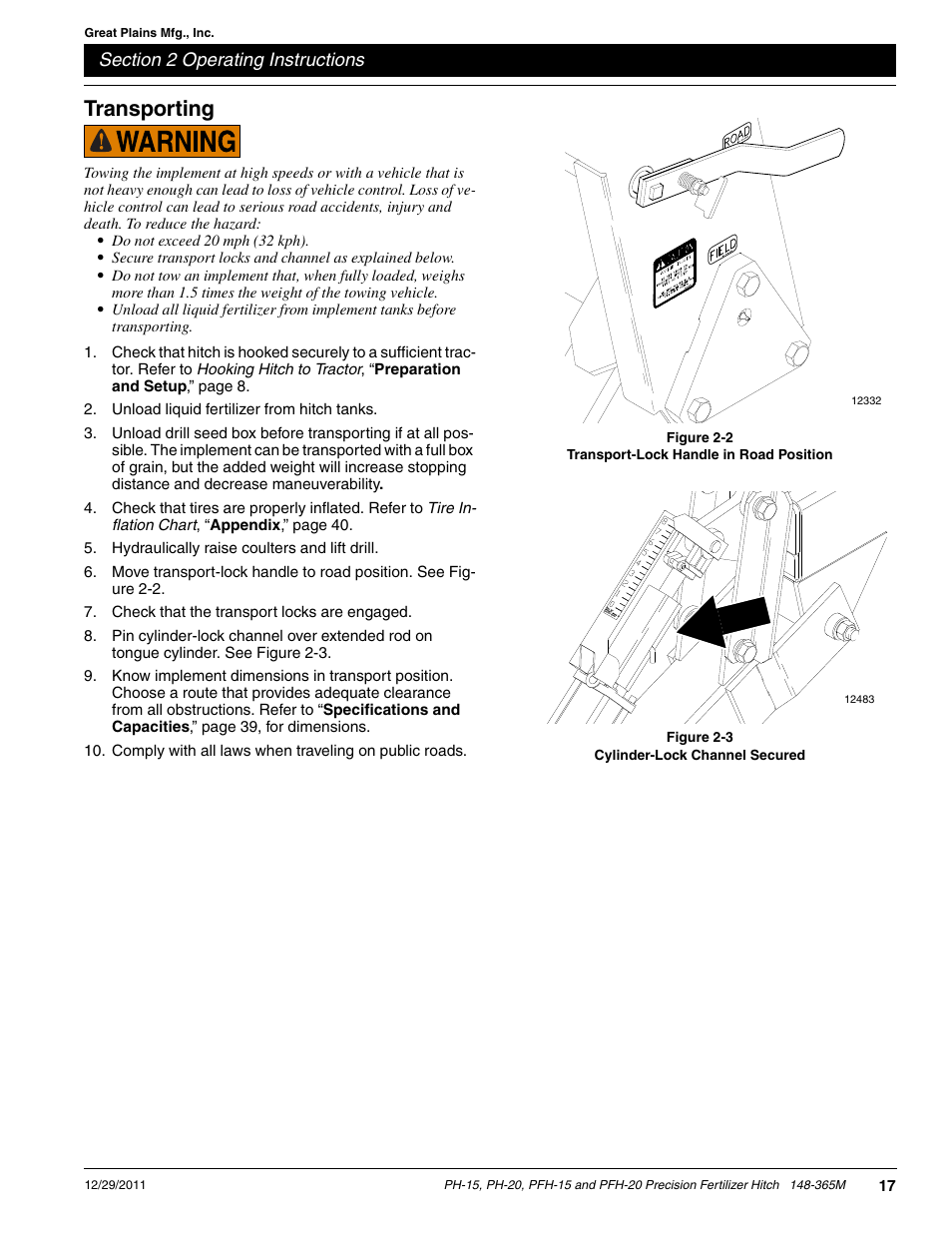 Transporting | Great Plains PH-20 Operator Manual User Manual | Page 19 / 46