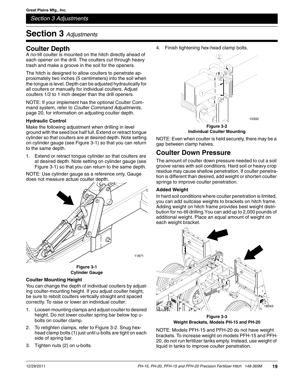 Coulter depth, Coulter down pressure | Great Plains PH-20 Operator Manual User Manual | Page 21 / 46
