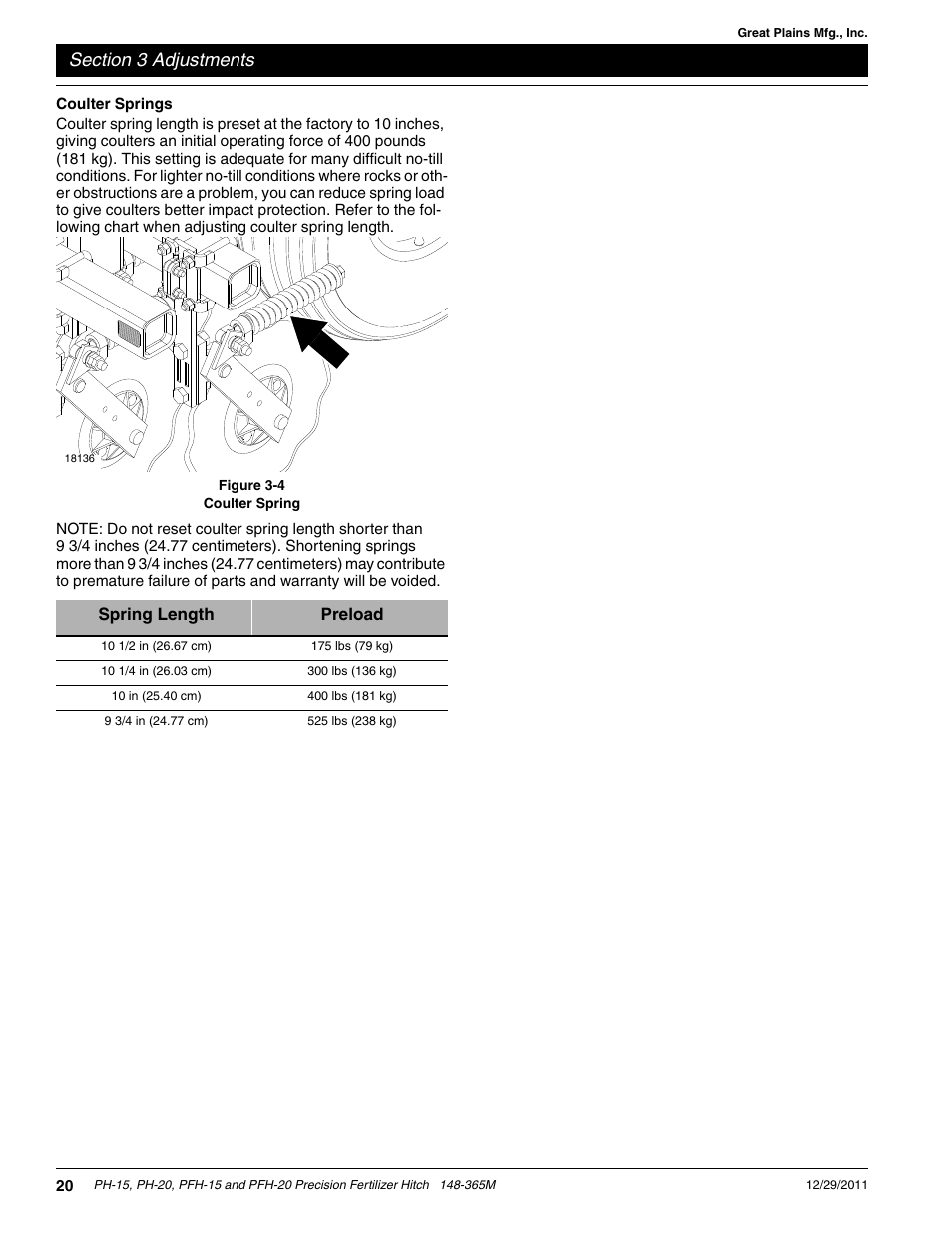 Spring length preload | Great Plains PH-20 Operator Manual User Manual | Page 22 / 46