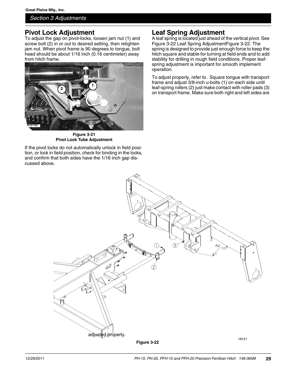 Pivot lock adjustment, Leaf spring adjustment | Great Plains PH-20 Operator Manual User Manual | Page 31 / 46