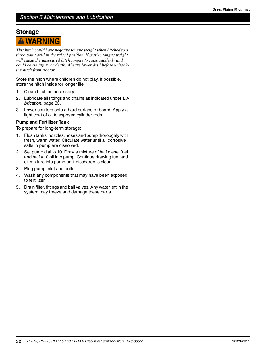 Storage | Great Plains PH-20 Operator Manual User Manual | Page 34 / 46