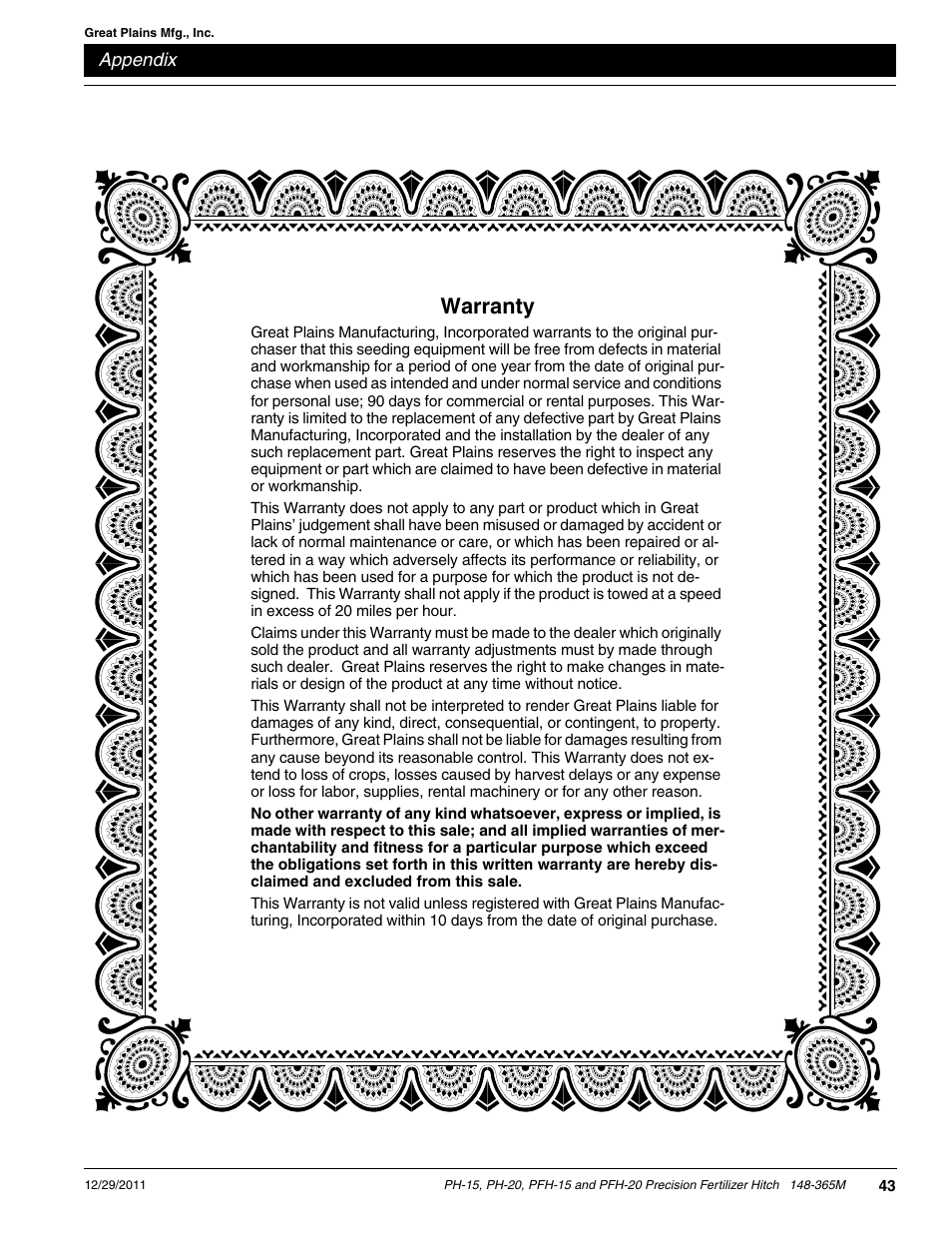 Warranty | Great Plains PH-20 Operator Manual User Manual | Page 45 / 46