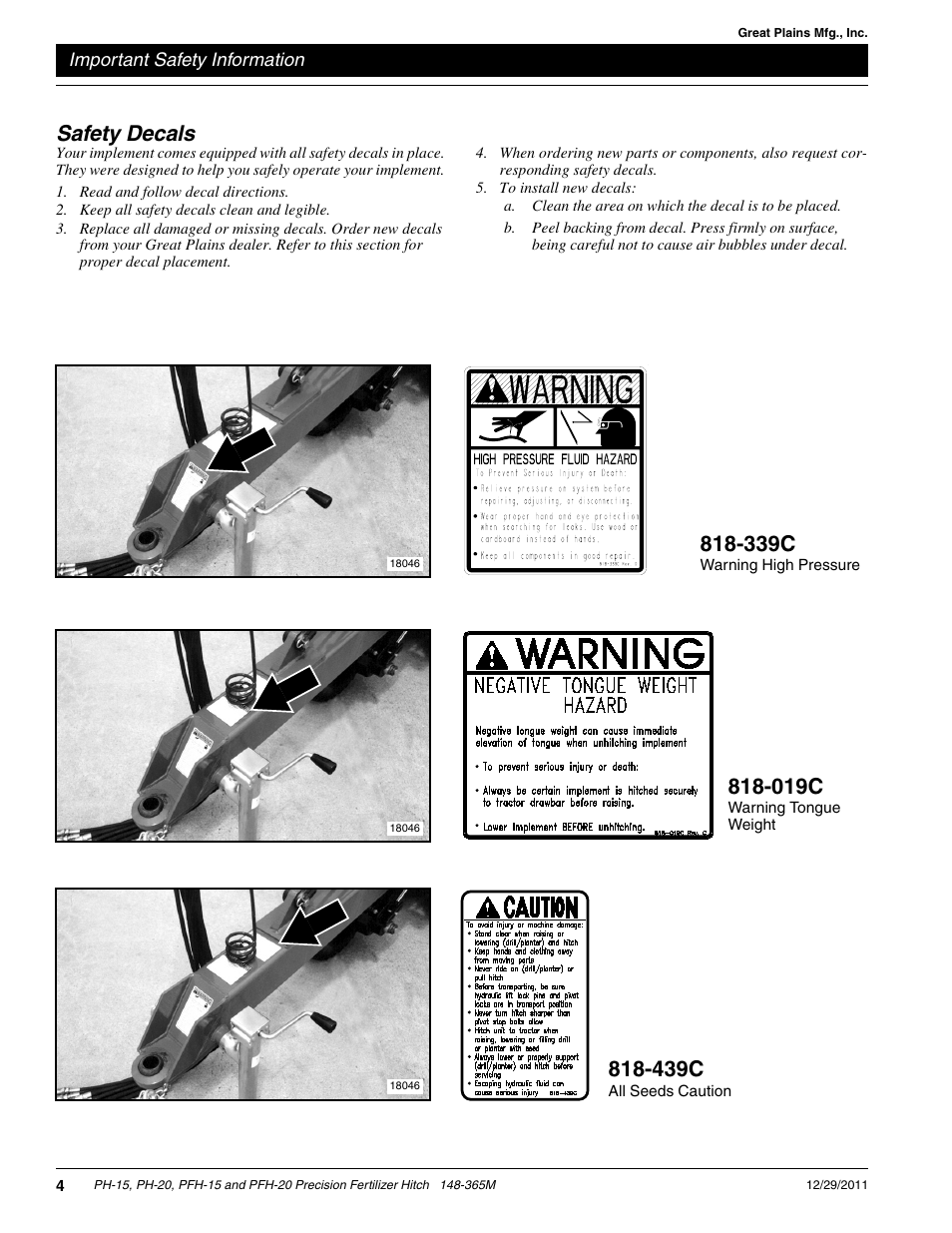 Safety decals, 339c, 019c | 439c | Great Plains PH-20 Operator Manual User Manual | Page 6 / 46